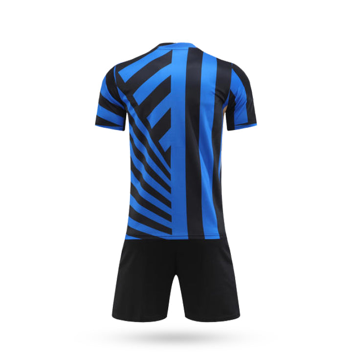 Back view of the blue and black striped Ironova soccer jersey, highlighting the unique diagonal pattern design.