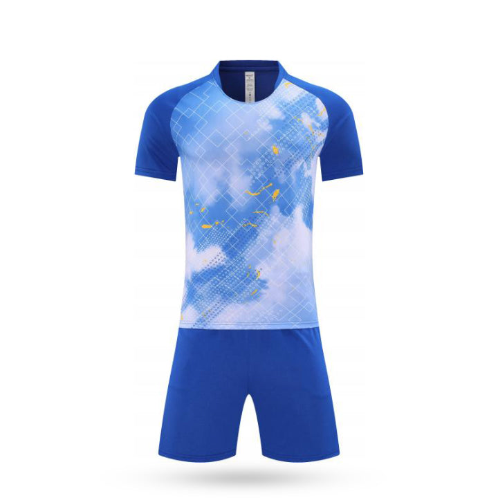 Front view of kids performance soccer kit featuring a blue and white diagonal stripe jersey and blue shorts.