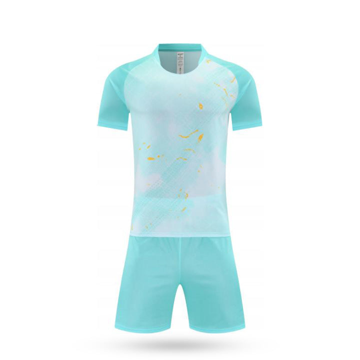 Front view of kids performance soccer kit featuring a mint light green diagonal stripe jersey and mint green shorts.