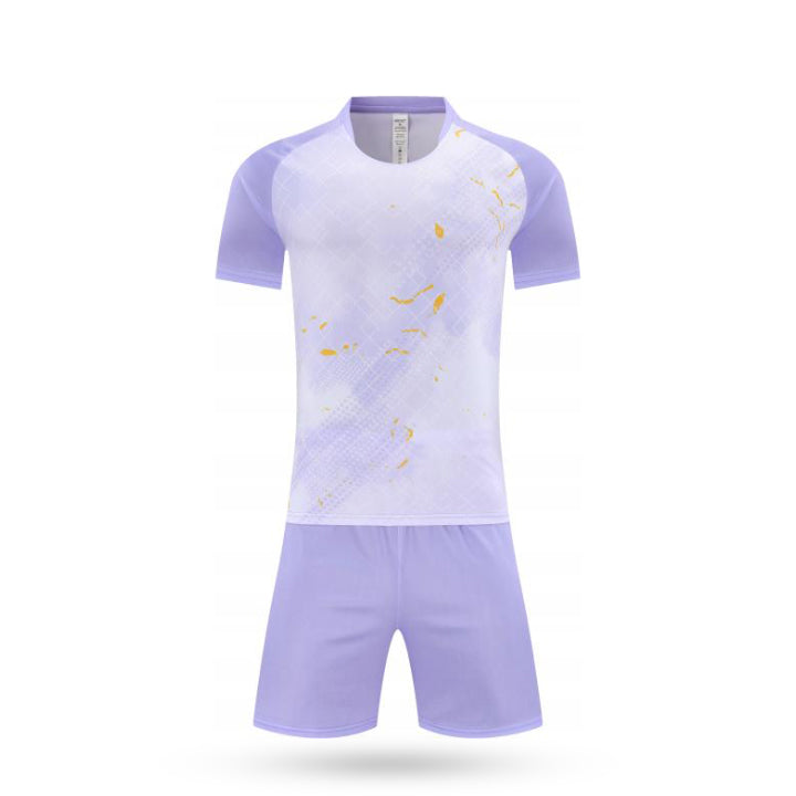 Front view of kids performance soccer kit featuring a purple and white diagonal stripe jersey and purple shorts.