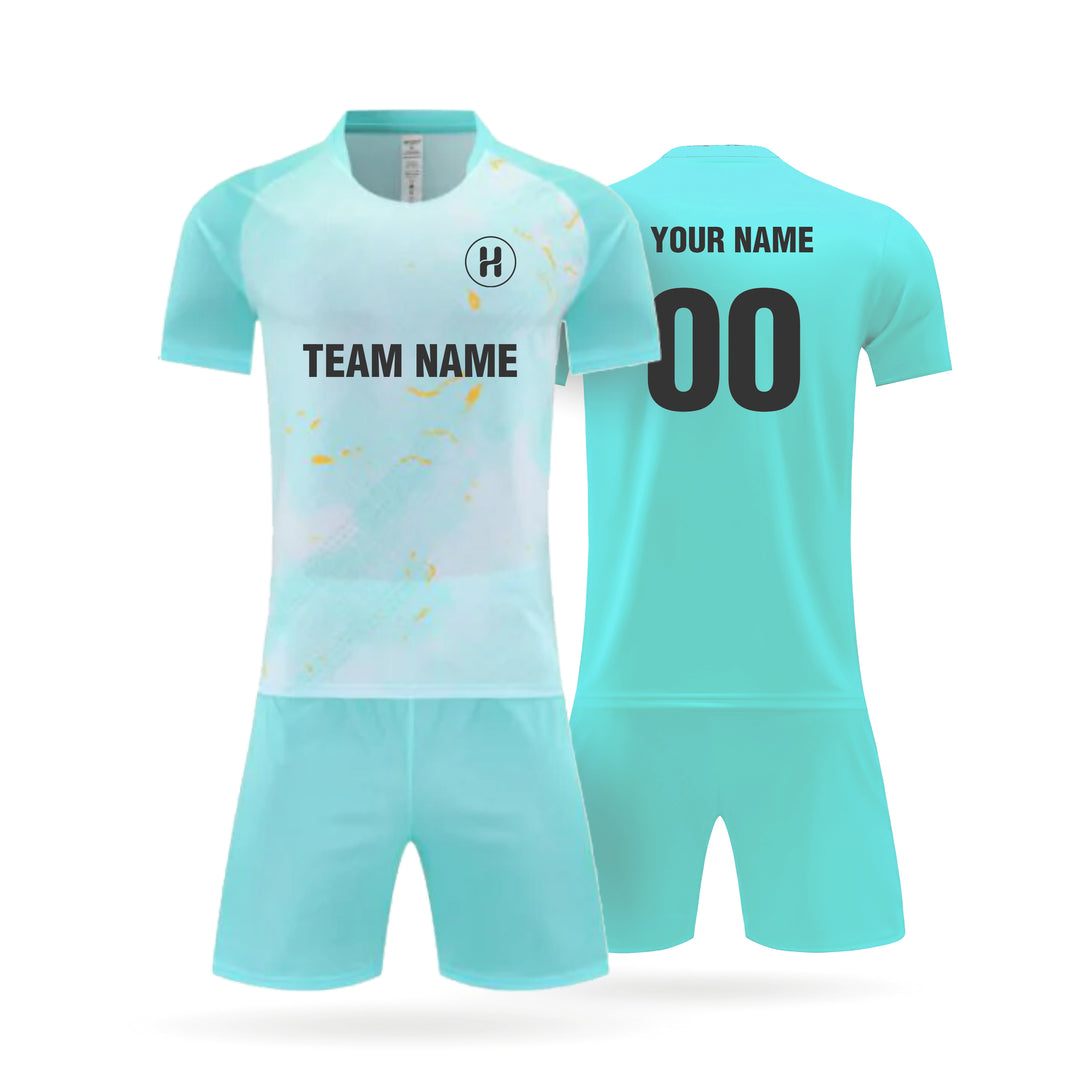 Front and back view of kids performance soccer kit 