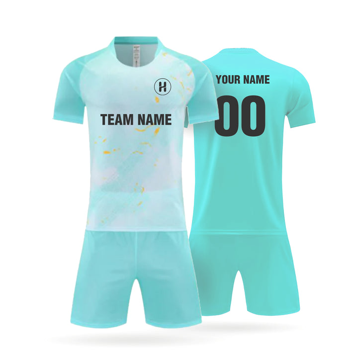 Front and back view of kids performance soccer kit 