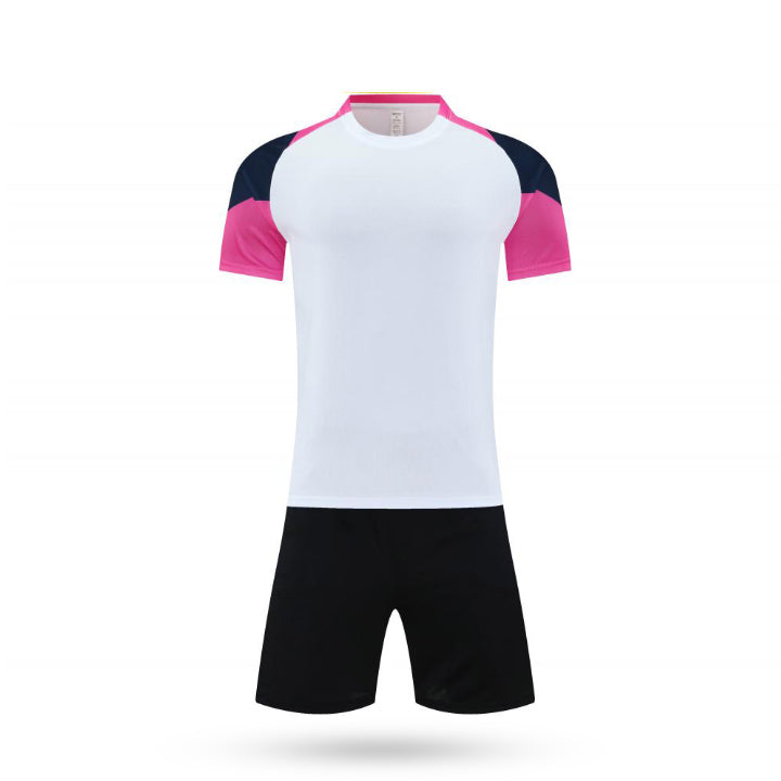 Complete set Vortex Kids Pro Jersey featuring a dynamic white, pink and black swirl pattern with customizable team name and player number.