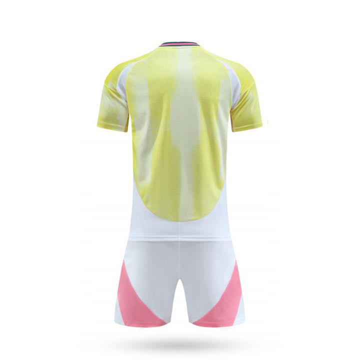 Back view of Light Kick Soccer Kit showing yellow soccer jersey and white shorts, lightweight breathable football kit for match and training