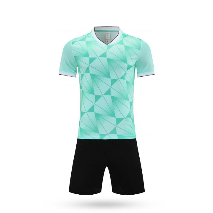 Full set view of the Phantom Rush kids soccer mint green kit featuring a light green color with black short.