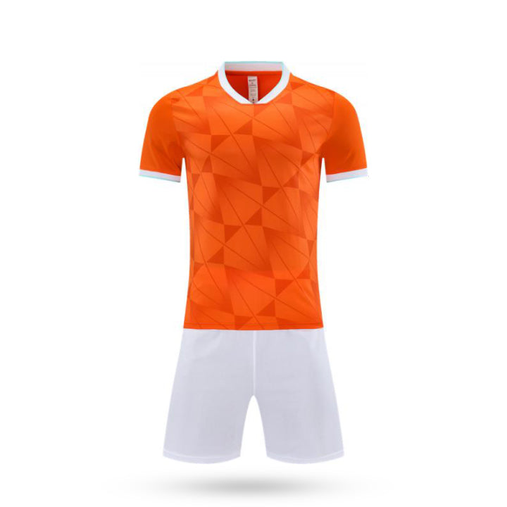 Full set view of the Phantom Rush kids soccer orange kit featuring a orange color with white short.