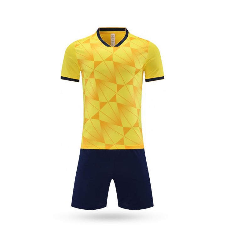 Full set view of the Phantom Rush kids soccer yellow kit featuring a yellow color with black short.