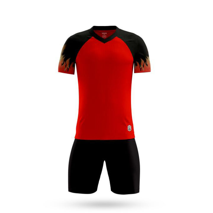 Front View of Pinnacle Performance Custom Red Soccer Jersey with Black Short 