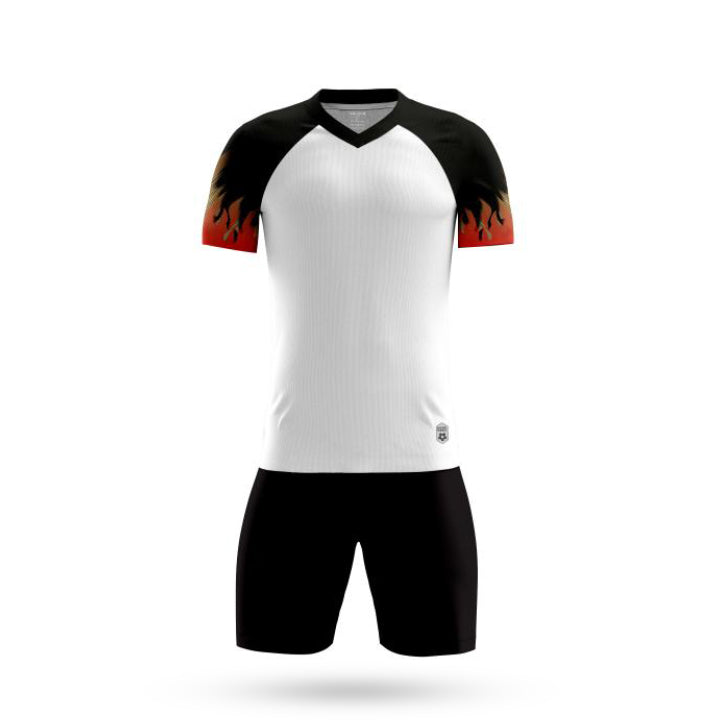 Front View of Pinnacle Performance Custom White Soccer Jersey with Black Short 