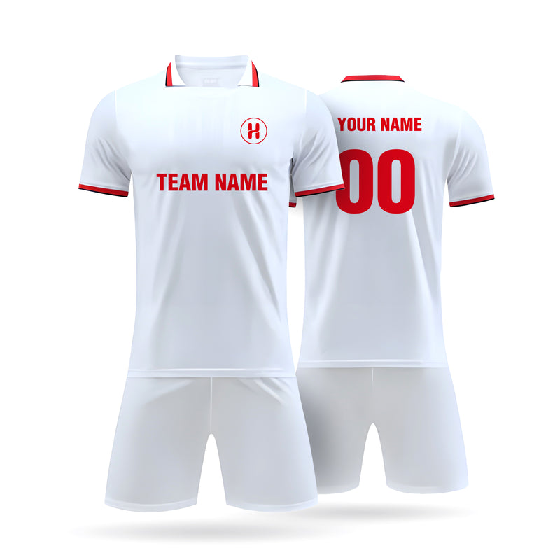 Customizable white Pure Form soccer kit featuring placeholders for team name, player name, and number.
