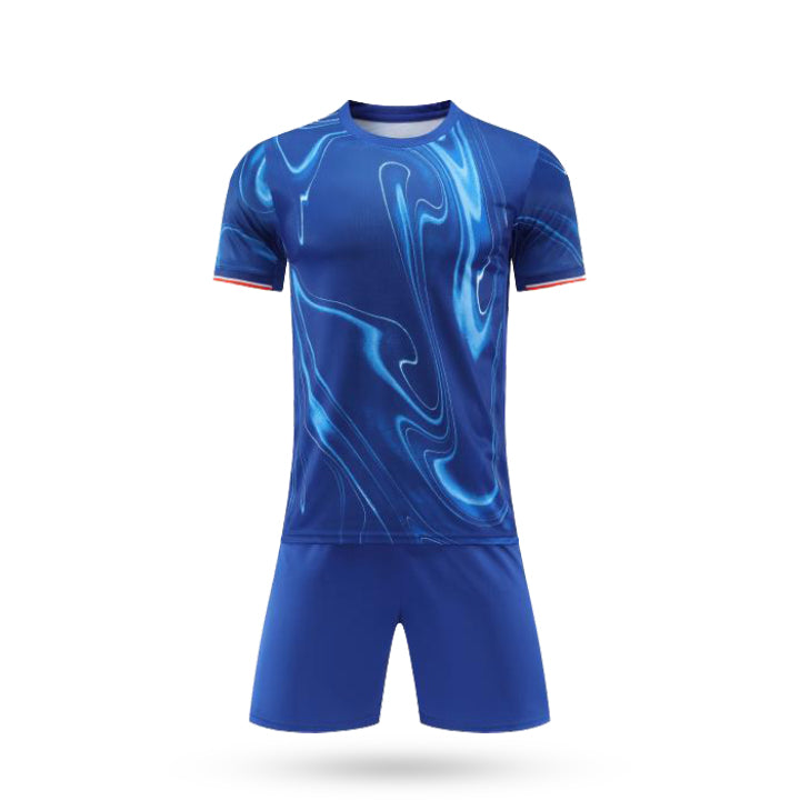 Front view of the Redspire soccer jersey with classic red and black vertical stripes, white round neck collar, and matching black shorts.