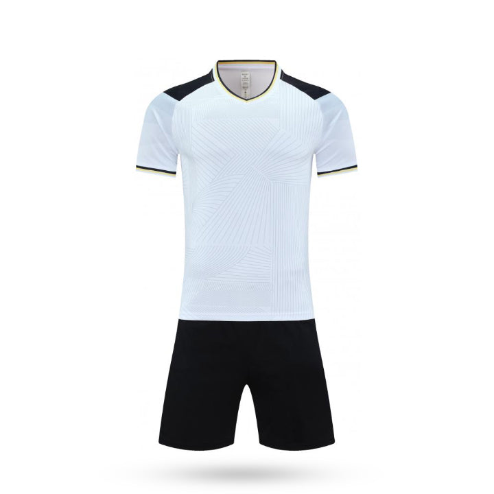 Complete set view of the Sky Break kids game white kit featuring a white gradient pattern with black short.