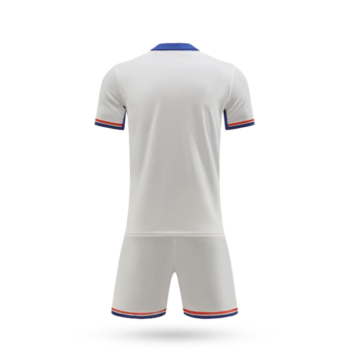 Back view of the Smooth Soccer Kit showing a solid white jersey and shorts with blue collar detail and striped trim.