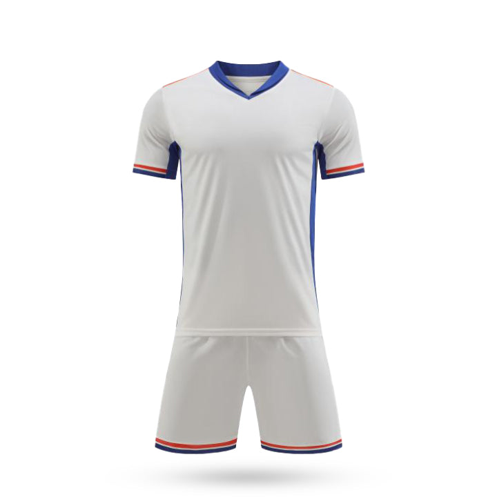 Front view of the Smooth Soccer Kit in clean white with blue side panels, blue V-neck collar, and red-and-blue striped sleeve cuffs.