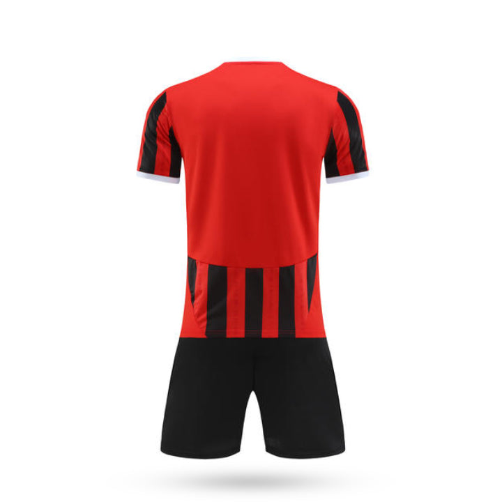 Back view of the blue and black Custom Stormara soccer jersey, highlighting the unique abstract diagonal stripe design on the reverse side.