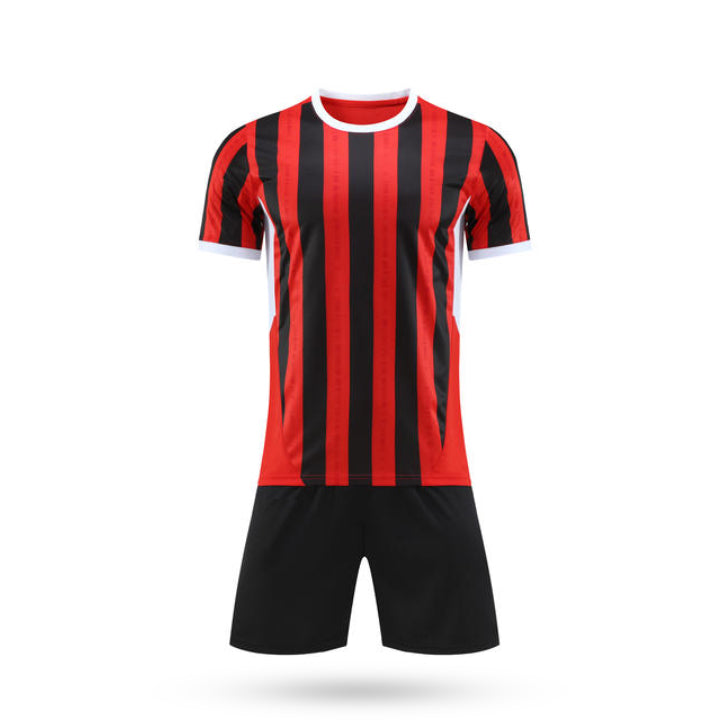 Front view of the Custom Stormara fan style soccer jersey and black shorts, showcasing the modern blue and black diagonal stripe pattern and V-neck collar.