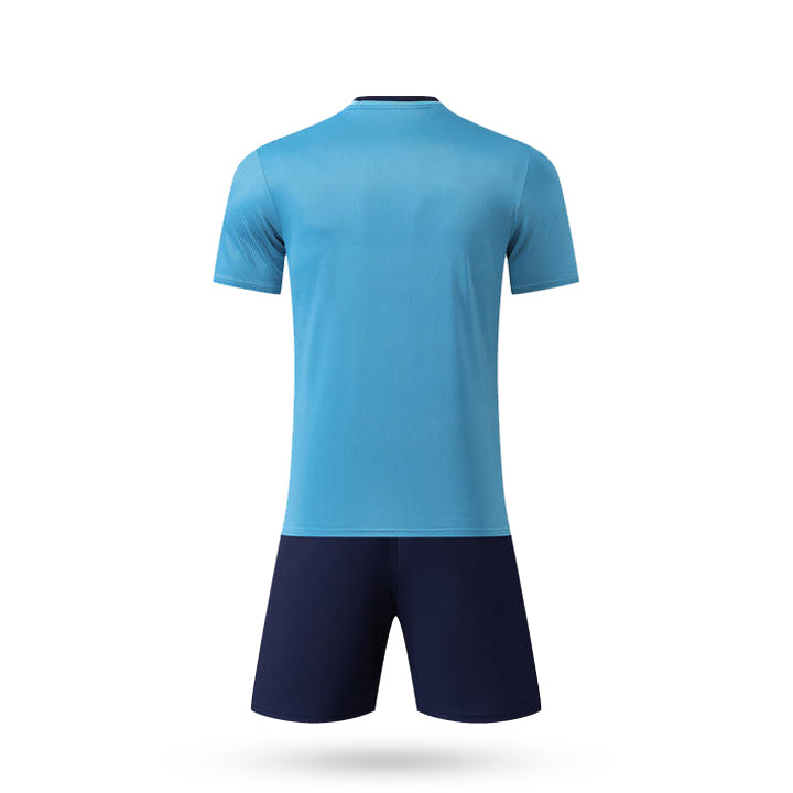 Back view of sky blue Tactical Shine Soccer Jersey with black shorts.