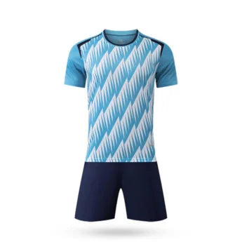 Front view of sky blue Tactical Shine Soccer Jersey featuring horizontal graphic lines and black collar.