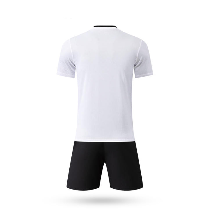 Rear view of white Tactical Shine Soccer Jersey kit showing solid back and black athletic shorts.