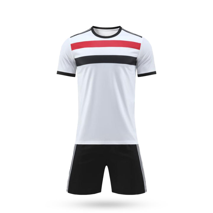 Front view of the H Pro Team Core Plain Soccer Kit showing the white jersey with horizontal red and black chest bands and matching black shorts.