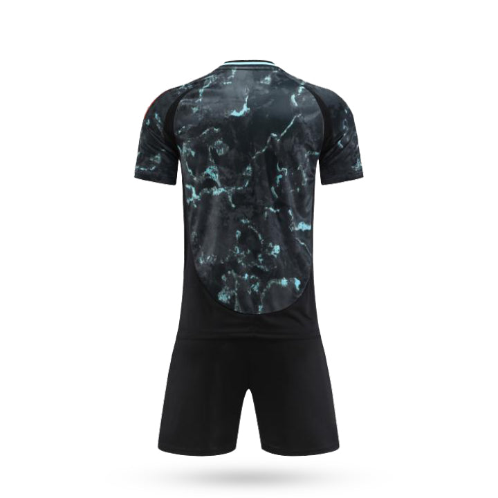 Rear view of the blue Titanor fan style soccer jersey highlighting the continuous liquid swirl pattern across the back and sleeves.