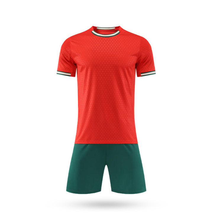 Front view of the Vantrex soccer jersey showcasing the black base, white marble-style shoulder graphics, and a distinctive red and green striped collar.