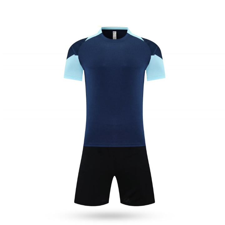 Complete set view of the Vortex Kids Pro Jersey featuring a dynamic blue and sky blue swirl pattern with customizable team name and player number with black short