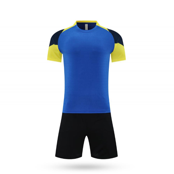 Complete set view of the Vortex Kids Jersey featuring a dynamic blue, yellow and black 